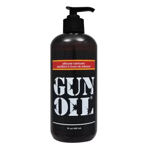 The Gun Oil 16oz is a sleek black bottle that holds 480 mL. This silicone-based lubricant ensures premium quality and features a secure screw-top cap for easy access.