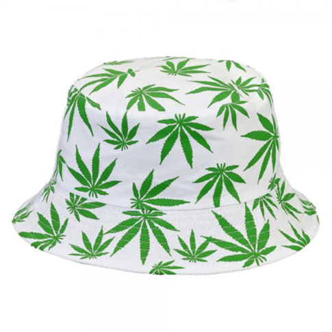 White Bucket Hat with Green Hemp Leaf