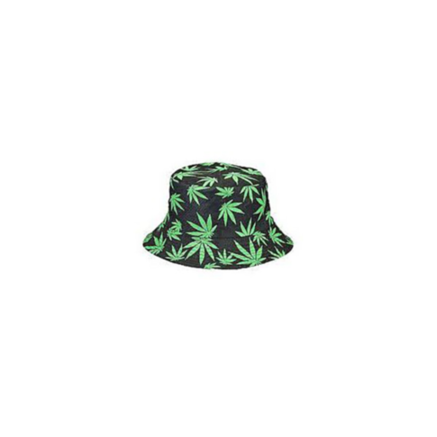 Black Bucket Hat with Green Hemp Leaf