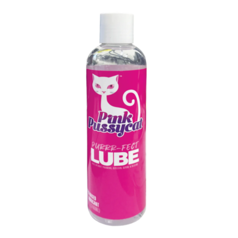 An 8oz bottle of Pink Pussycat Purrr-fect Lube with a pink label featuring a white cat silhouette. The text on the label says "Purrr-fect Lube," and the transparent bottle is topped with a white cap, combining both discretion and style.