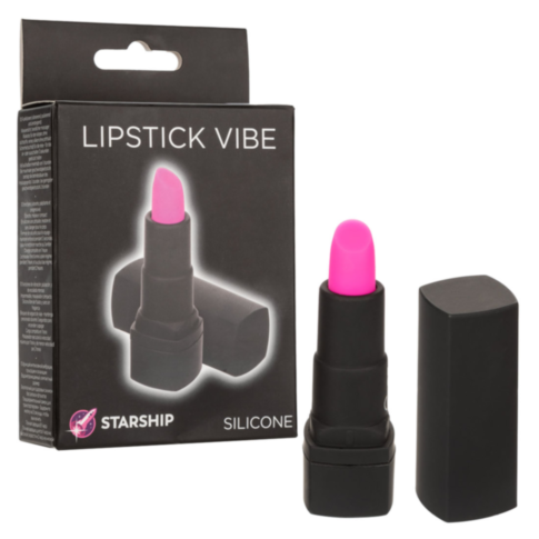 The product image of the Starship Lipstick Vibe showcases a pink, phthalate-free silicone vibrator designed to resemble lipstick, positioned next to its sophisticated black packaging box that features an image of this discreet waterproof massager.