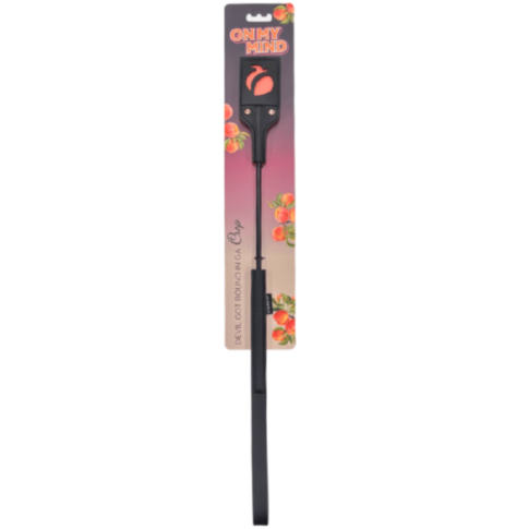 A packaged crop with a black handle and rectangular head features a peach icon. The text Devil Got Bound is paired with On My Mind on a gradient background shifting from dark pink to light peach.