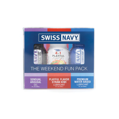 The Swiss Navy The Weekend Fun Pack includes three small bottles: Sensual Arousal Gel, Playful Flavor Straw-Kiwi Lubricant, and Premium Water Based Lubricant, all designed for delightful encounters with top-quality ingredients.