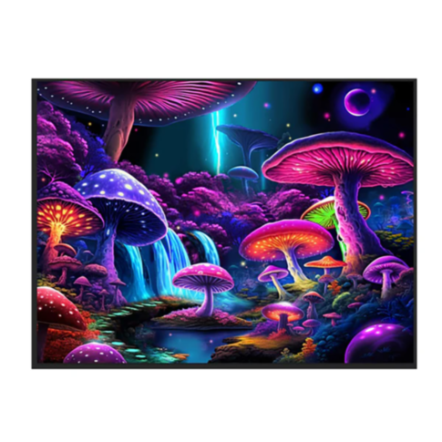 81in X 53in Black Light Reactive Wall Tapestry Mushroom Worl