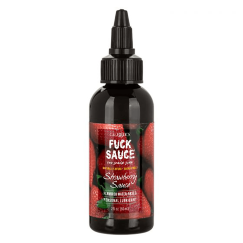 The product named "Fuck Sauce WB Lube Strawberry" is a black bottle labeled with images of ripe strawberries, containing a strawberry-flavored lubricant. This water-based lube includes edible flavoring and is equipped with a pointed black cap for easy app