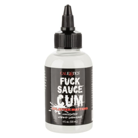 A 4 oz bottle of Fuck Sauce Unscented Cum Hybrid Lubricant, complete with a black cap, features the label "Cum Splatter Matters" in bold white text on a black background with splatter effects. This formula is designed to enhance your intimate moments.