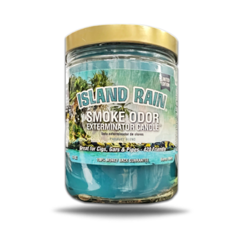 A green background with gray text reads No Image. Below, a circular design featuring a rocket and stars evokes the freshness of the Smoke Odor Candle Island Rain.