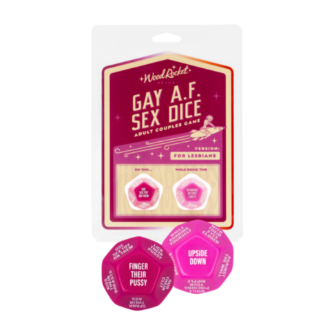 Introducing the Wood Rocket-Gay AF Sex Dice-Lesbian, a playful adult couples game. These pink dice feature phrases like "Finger Their Pussy" and "Upside Down," packaged in eye-catching purple with crisp white text, perfect for adding excitement to any les