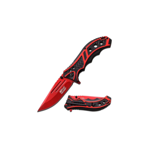 A green image displays a stylized rocket, echoing the sleek design of an 8.25-inch spring-assisted blade with a red and black aluminum handle, launching within a circle surrounded by sparkles. The text 