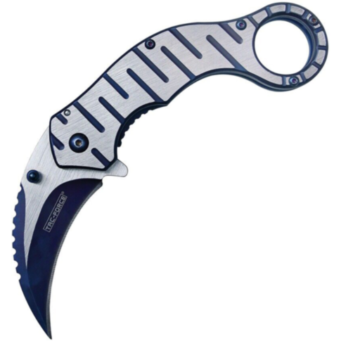 7in SPRING ASSISTED TWO TONED BLUE SATIN KARAMBIT