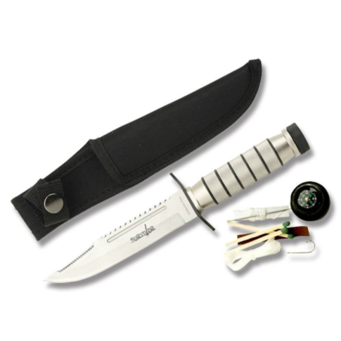 A green background featuring a gray icon of a rocket within a circle, with the bold, uppercase words "No Image" above. The design is minimalist and stylized, much like the sleek appearance of the 9.5in SURVIVOR FIXED BLADE KNIFE WITH COMPASS AND SURVIVAL 