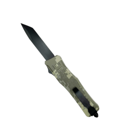 A green placeholder image featuring a light gray rocket within a circle, encircled by stars, with the text "No Image" shown above it for the 9.5in Double Action Camo OTF Knife.