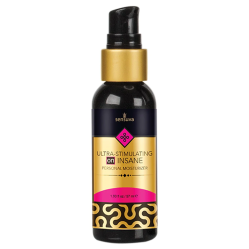 A 1.93 oz (57 ml) bottle of Sensuva Ultra Stimulating Insane Lube Unscented, sporting a black and gold label with pink and black swirl designs. This hybrid base stimulating lube is toy safe, features a black pump top, and provides an ultra-stimulating exp