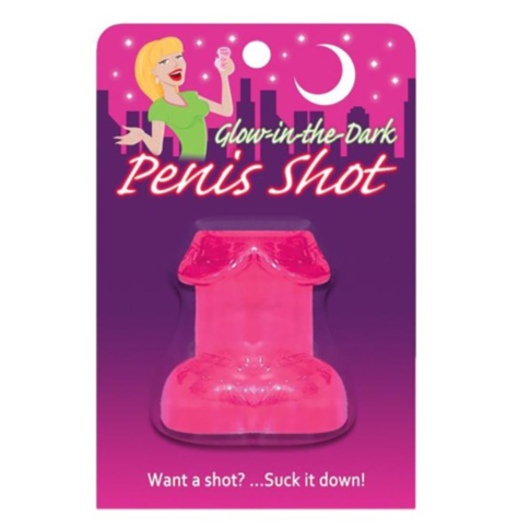 A vibrant green backdrop featuring a gray rocket icon enclosed in a circle, accented by glow-in-the-dark stars. The text above the icon reads "Glow-In-The-Dark Penis Shot-Pink.