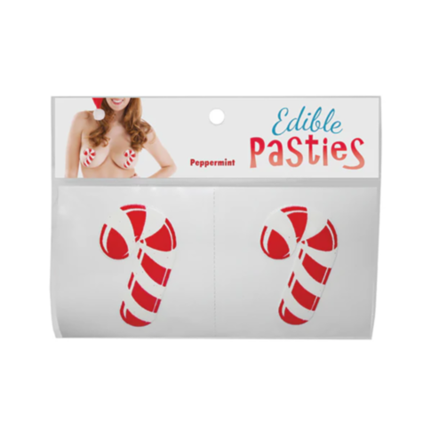 Packaging of the Candy Cane Pasties adorned with a peppermint candy cane design. The transparent package displays two pasties featuring a red and white striped pattern. At the top, the label reads "Candy Cane Pasties" in bold letters.