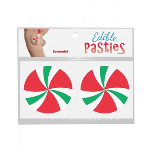 Packaging for Candy Swirls Pasties showcasing two circular designs with red, green, and white swirls labeled as Spearmint.