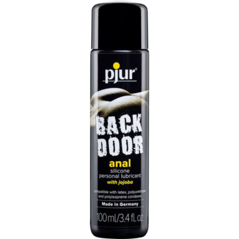 The image shows a Pjur Back Door Silicone 3.4oz personal lubricant, perfect for anal sexual intercourse. The black bottle features white text and is safe to use with latex, polyurethane, and polyisoprene condoms, ensuring a smooth experience.