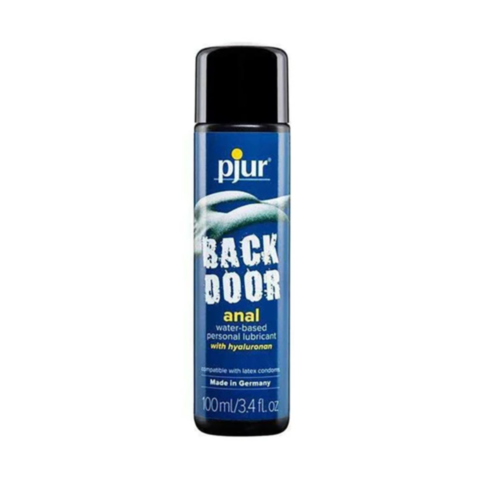 A bottle of Pjur Backdoor Water Based 3.4oz lubricant, featuring a water-based formula with hyaluron, is compatible with latex condoms and manufactured in Germany.