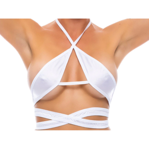 A white background featuring a gray icon of a rocket encircled by stars, with the words "No Image" above it—reminiscent of the Wrap Around Strappy Top in white with lycra fabric and adjustable ties for a snug fit.