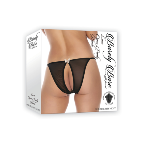 Packaging for Barely Bare's Lace Open Panty Black OS showcases a model wearing the product, with a butterfly detail on the waistband. The accompanying text highlights that it is one size fits most and includes pasties.