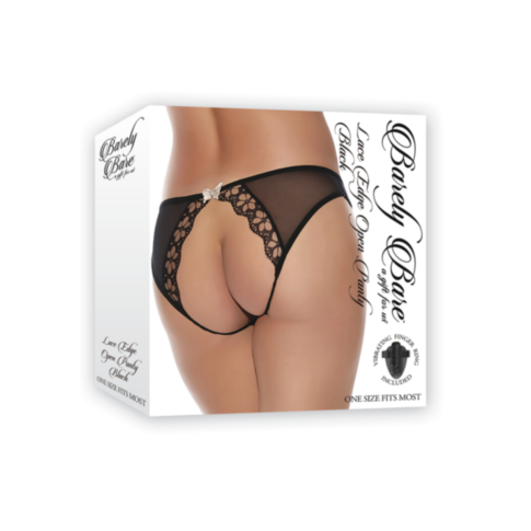 The packaging for the Lace Edge Open Panty Black OS showcases a pair of black lace open-crotch panties with cut-out details and a small decorative bow. The box is branded with Barely Bare and includes information about the product's features and sizing.