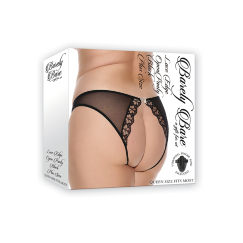 The packaging for the Lace Edge Open Panty Black QS showcases an image of the back view of a person wearing the panty. The design highlights lace with an open back and jewel detail, accompanied by information on size and style.