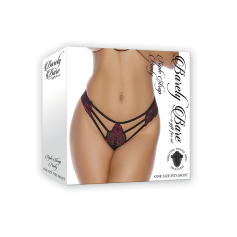 The image displays the packaging for the Triple Strap Panty OS, featuring a woman wearing black and red lace lingerie with multiple straps. The package includes the Barely Bare logo and notes that it is a One Size Fits Most crotchless panty.