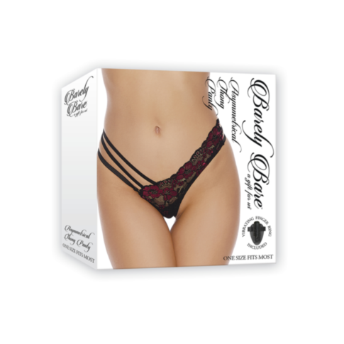 The product package showcases a model in lacy black and red lingerie with strappy side details. The box, adorned with elegant text on a white background, is labeled 