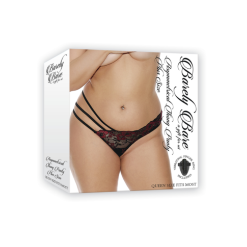 A boxed product image of the Asymmetrical Thong Panty QS by Barely Bares, showing a model wearing strappy, black and red floral-patterned underwear. The packaging includes branding and description text on the sides.