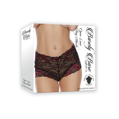 The product box showcases a pair of Open Lace Boy Shorts in black and red, featuring a model wearing the shorts. The packaging prominently displays the brand name Barely Bare and specifies the size as One Size Fits Most.