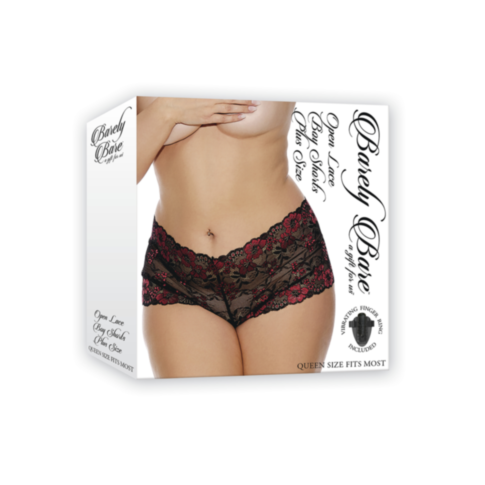 Packaging for Barely Bare lingerie showcases a model wearing black and red lace panties. The box highlights the Open Lace Boy Short QS in a queen size that fits most, with text emphasizing its sensual style.