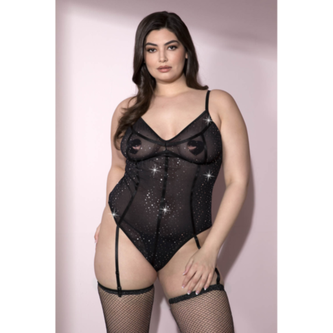 Plus size black sheer paneled sparkle garter bodysuit