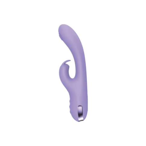 Introducing the Love Verb-Date Me Rabbit: a lavender-colored ergonomic vibrator with a sleek, curved design and a compact external stimulator. It features a smooth surface with an elegant metallic accent near the base.