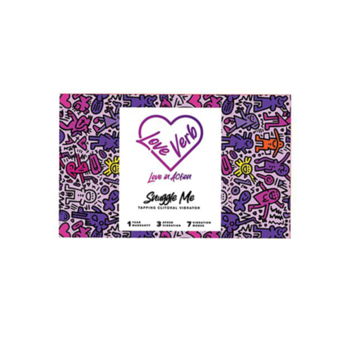 The product, Love Verb-Snuggle Me, comes in colorful packaging adorned with abstract figures in purple and pink hues. A large heart and the text "Love in Action Snuggle Me Tapping Clitoral Vibrator" are prominently displayed at the center of the design.