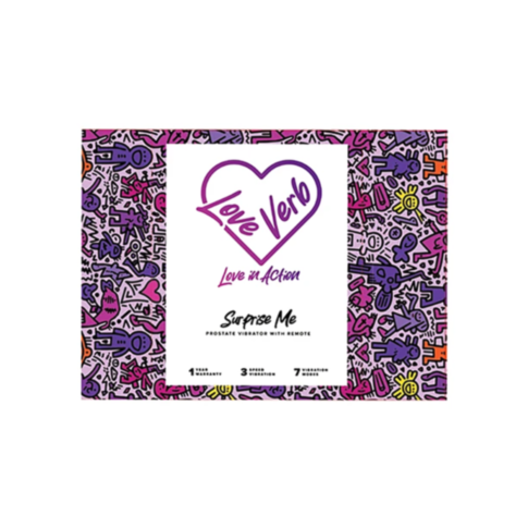 The Love Verb product packaging is vibrant with doodle-style illustrations, featuring a central white label displaying a heart logo and the text "Surprise Me G & P-Spot Vibrator with Remote" in purple and pink.